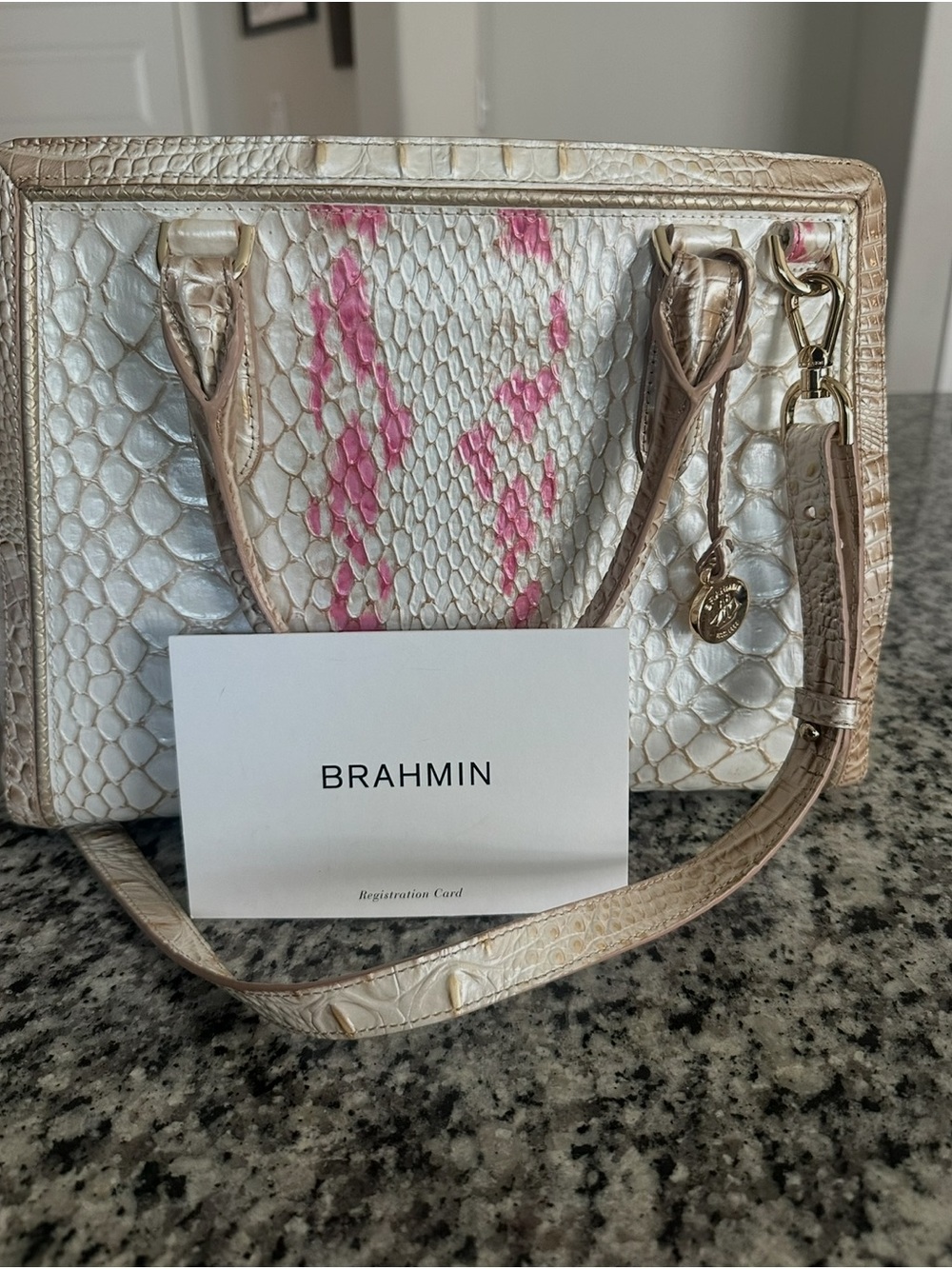 Brahmin Ivory Satchel with Pink Accent Embossing